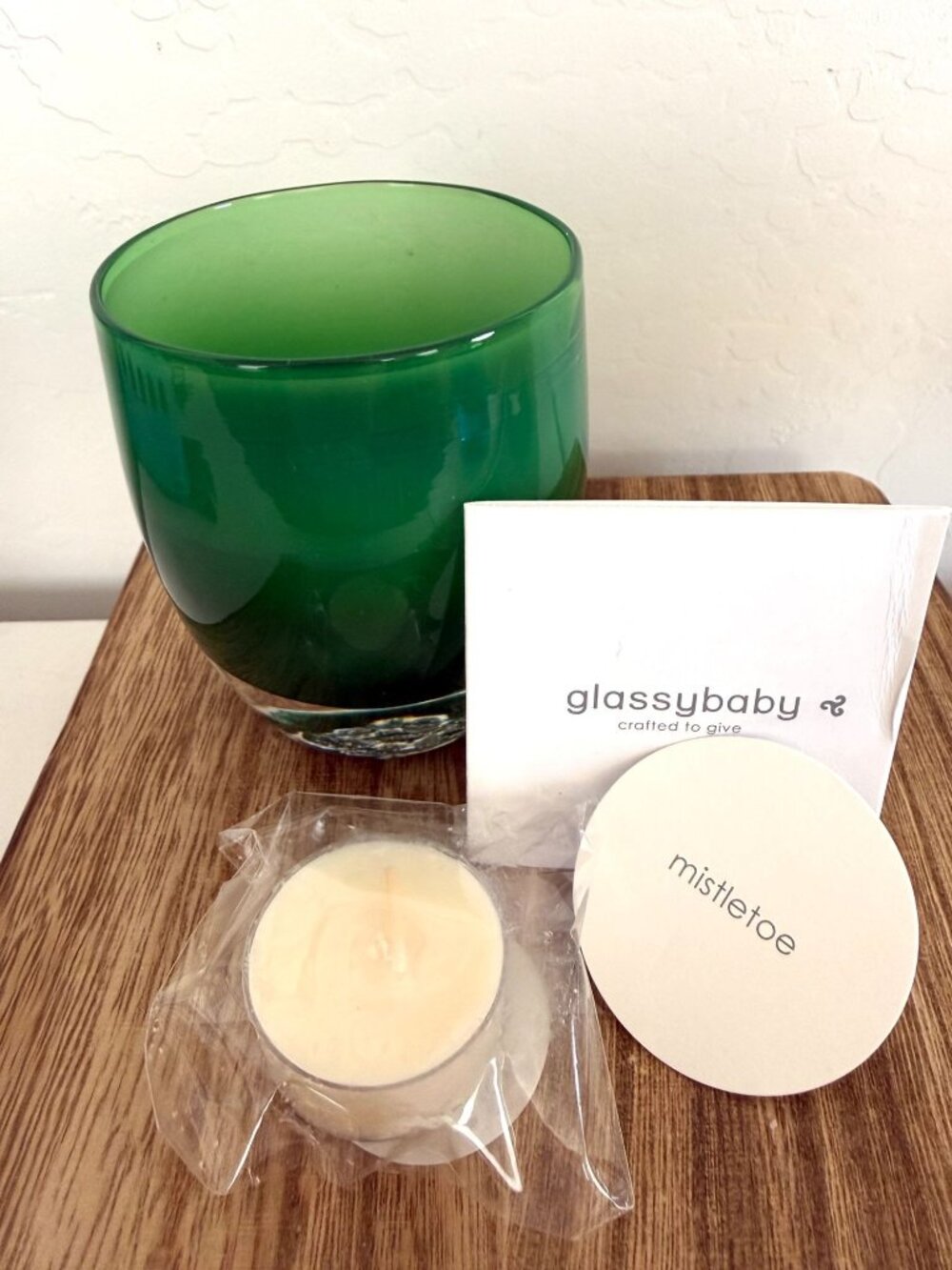 GLASSYBABY Green MISTLETOE Handblown glass candle holder, New in box